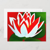 Carte Postale Fleur de lotus rouge et blanc avec feuilles verts (Devant / Derrière)