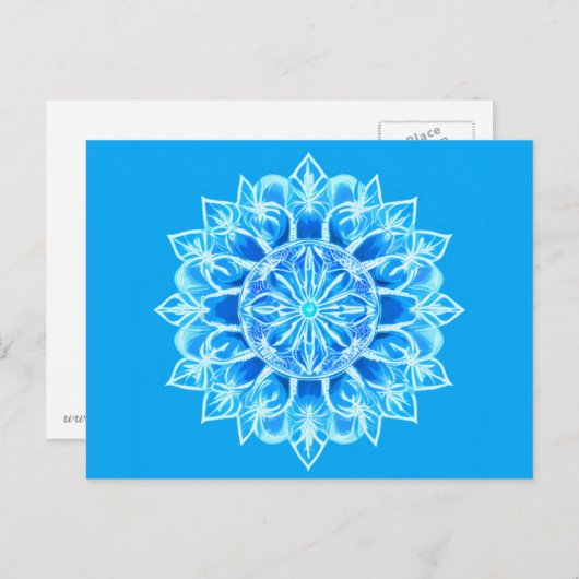 Carte Postale Fleur de Mandala en Batik Turquoise (Devant / Derrière)