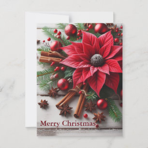 Carte Postale Fleur de Noël rouge en bois blanc traditionnel