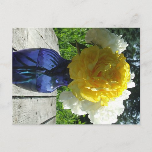 Carte Postale Fleur de pivoine jaune dans le Vase bleu (Devant)