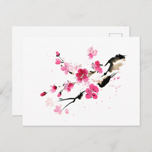 Carte Postale Fleur de printemps rose. С peinture alligraphique (Devant / Derrière)