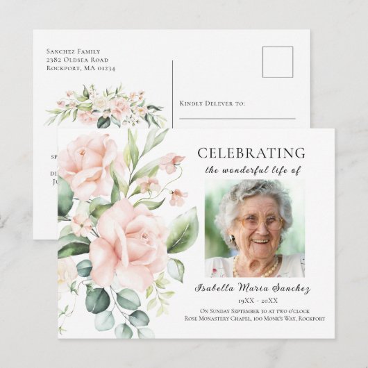 Carte Postale Fleur de rose rose Célébration de la vie Photo (Devant / Derrière)