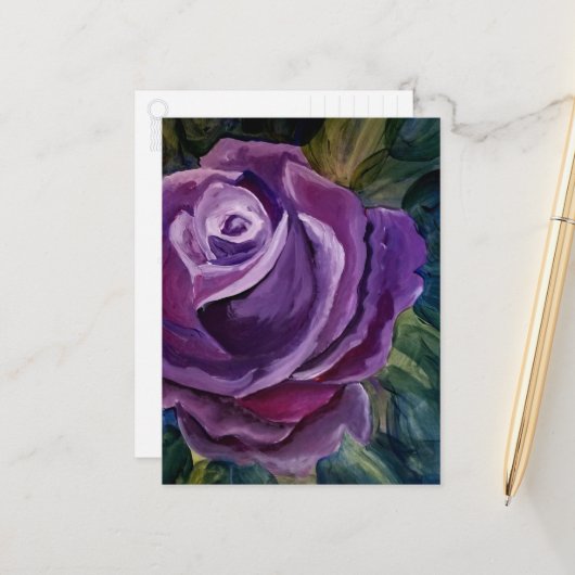 Carte Postale Fleur de rose violette unique (Devant/Arrière en situation)