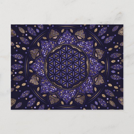 Carte Postale Fleur de vie en Lotus Dot Art violets et or (Devant)
