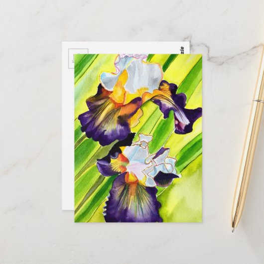 Carte Postale Fleur d'iris florale à l'aquarelle (Devant/Arrière en situation)