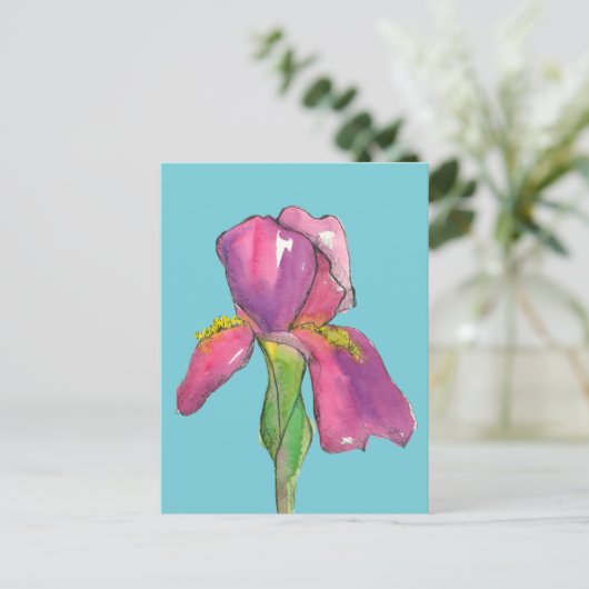 Carte Postale Fleur d'Iris rose Turquoise (Debout devant)