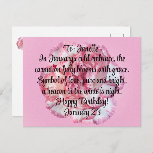 Carte Postale Fleur d'œillet de naissance du mois de janvier (Devant / Derrière)