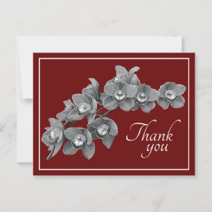 Carte Postale Fleur d'orchidée Noir & Blanc Fond Rouge Merci