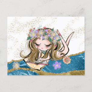 Carte Postale *~* Fleur Esprit Libre Enfant Lecture Or Bleu