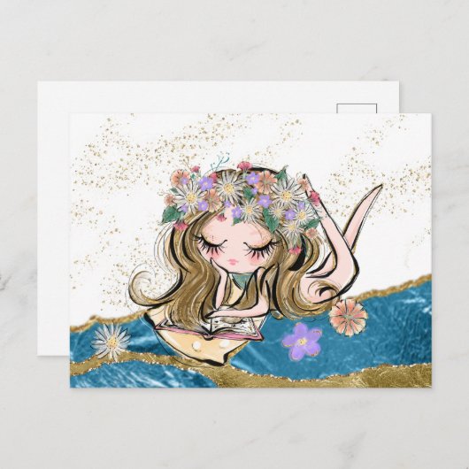 Carte Postale *~* Fleur Esprit Libre Enfant Lecture Or Bleu (Devant / Derrière)