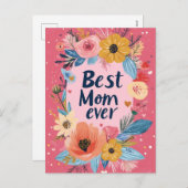 Carte postale Fleur et Coeurs rouge Fête des Mères (Devant / Derrière)