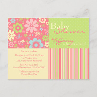 Carte Postale Fleur Fizz rose et vert ・ Invitation Baby shower