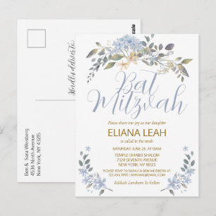 Carte Postale Fleur floral aquarelle bleu pour Bat Mitzvah