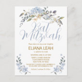 Carte Postale Fleur floral aquarelle bleu pour Bat Mitzvah (Devant)