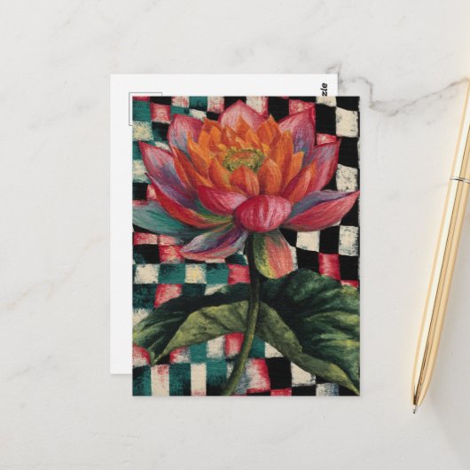 Carte Postale Fleur Lotus sur l'Arrière - plan Checkerboard (Devant/Arrière en situation)