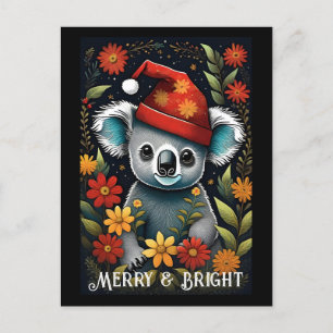 Carte Postale Fleur mignonne Père Noël Koala Ours Noir Noël