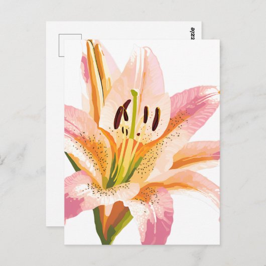 Carte Postale Fleur rose Lily | Aquarelle peinture florale (Devant / Derrière)