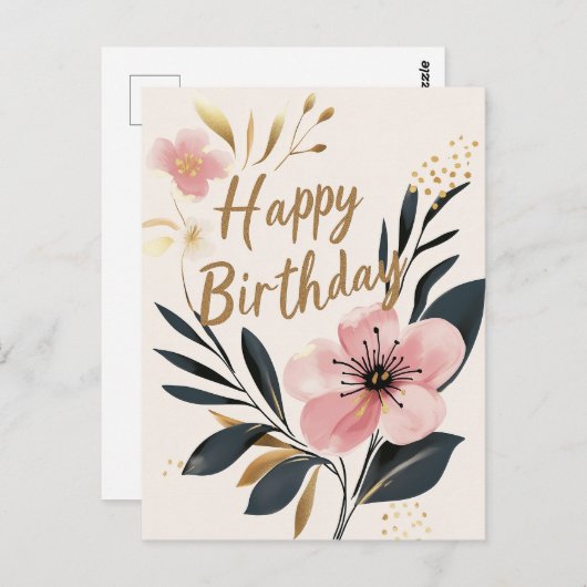 Carte Postale Fleur rose or joyeux anniversaire (Devant / Derrière)