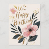 Carte Postale Fleur rose or joyeux anniversaire (Devant)