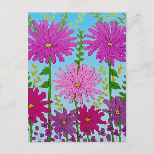 Carte Postale Fleur rose vif Dessin bleu (Devant)