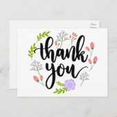 Carte Postale Fleur rose violet Merci floral et Feuilles verts (Devant / Derrière)