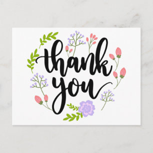 Carte Postale Fleur rose violet Merci floral et Feuilles verts