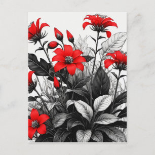 Carte Postale Fleur rouge sur Plante noir blanc