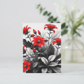 Carte Postale Fleur rouge sur Plante noir blanc (Debout devant)