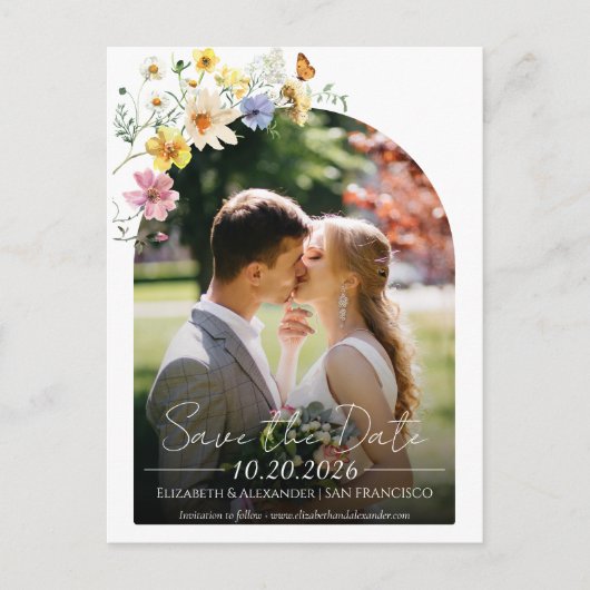 Carte Postale Fleur sauvage | Boho Arch Photo Enregistrer la dat (Devant)