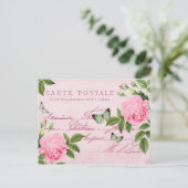 Carte postale fleurie rose vintage aux papillons (Debout devant)
