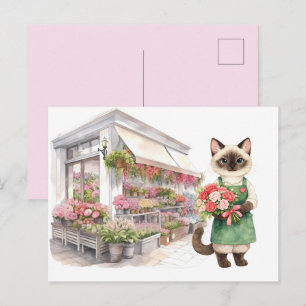 Carte Postale Fleuriste Mère de chat amateur de chat siamois à l