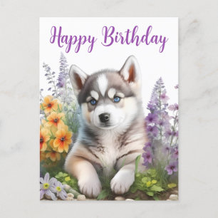 Carte Postale Fleurs à l'aquarelle et chiot husky sibérien