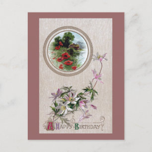 Carte Postale Fleurs à vent et Vignette Anniversaire Vintage