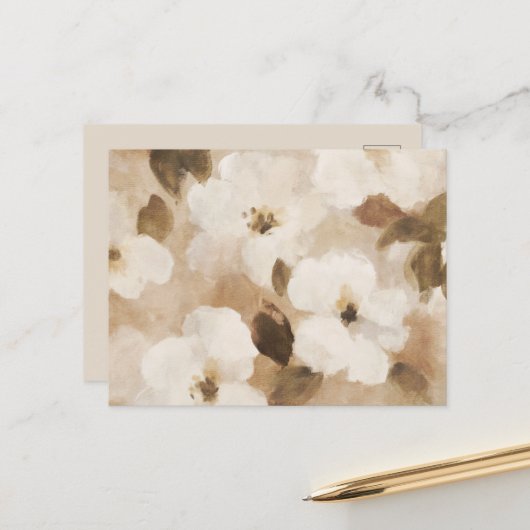 Carte Postale Fleurs Abstraites Crème Marron Beige (Devant/Arrière en situation)