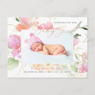 Carte Postale Fleurs aquarelle rose fille naissance PixDezines