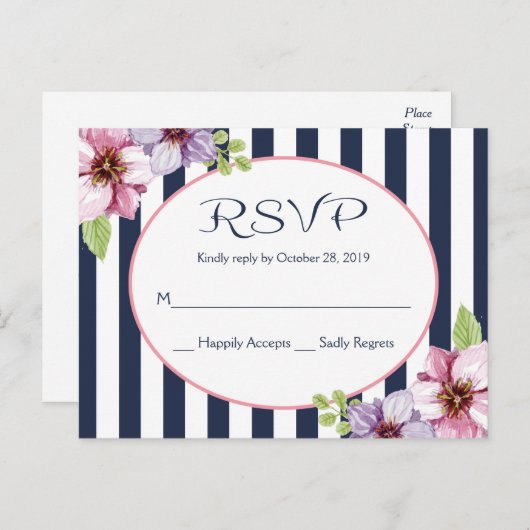 Carte Postale Fleurs aquarelle violette rayures bleu marine mari (Devant / Derrière)