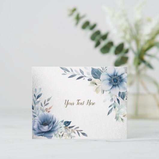 Carte Postale Fleurs aquarelles bleu poussiéreux Élégant argent (Debout devant)