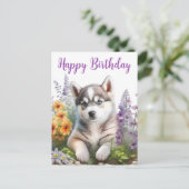 Carte Postale Fleurs aquarelles et chiot husky sibérien (Debout devant)