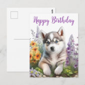 Carte Postale Fleurs aquarelles et chiot husky sibérien (Devant / Derrière)