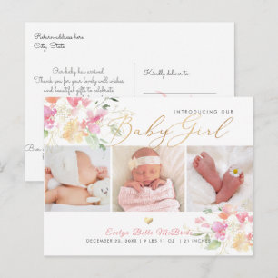 Carte Postale Fleurs aquarelles PixDezines, Naissance Fille