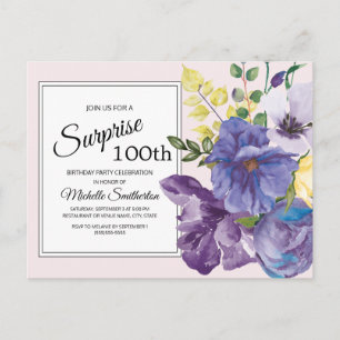 Carte Postale Fleurs aquarelles violettes sur fond rose pour 100
