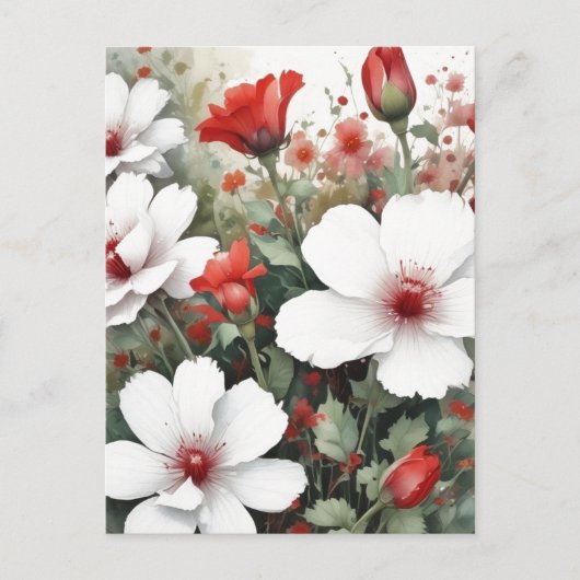 Carte Postale Fleurs blanches et rouges Elégante aquarelle (Devant)