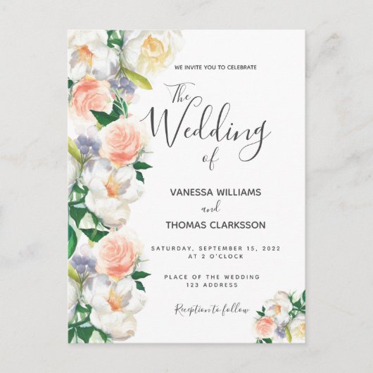 Carte Postale Fleurs blanches rose vif mariage élégant (Devant)