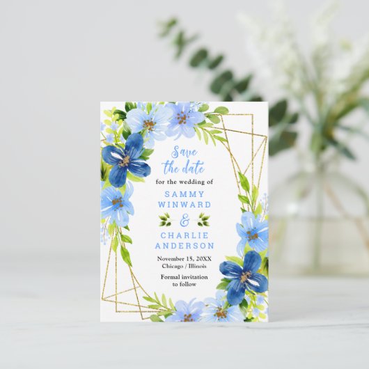 Carte Postale Fleurs bleu et marine Mariage Enregistrer la date (Debout devant)