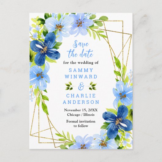 Carte Postale Fleurs bleu et marine Mariage Enregistrer la date (Devant)