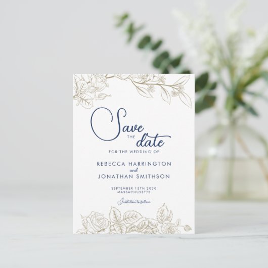 Carte Postale Fleurs Bleu Marine Or Mariage Économisez La Date  (Debout devant)