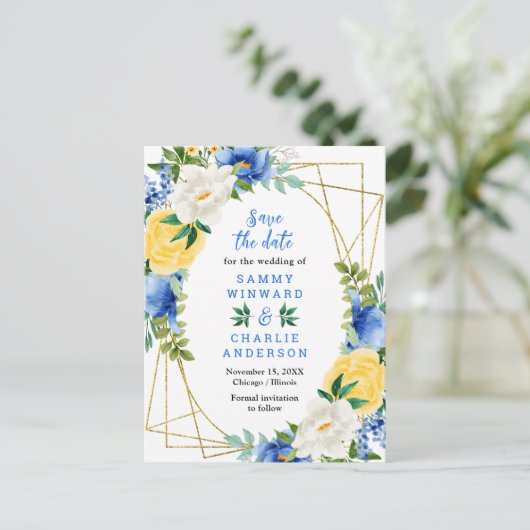Carte Postale Fleurs bleues et jaunes Mariage Enregistrer la dat (Debout devant)