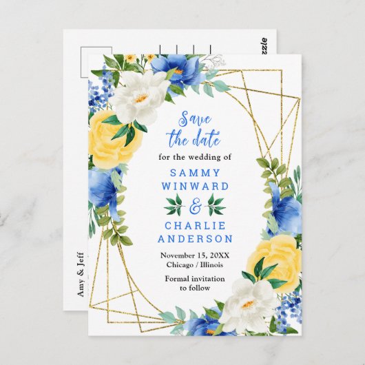 Carte Postale Fleurs bleues et jaunes Mariage Enregistrer la dat (Devant / Derrière)