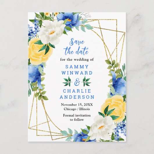 Carte Postale Fleurs bleues et jaunes Mariage Enregistrer la dat (Devant)