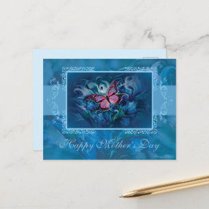 Carte postale Fleurs bleues et papillon Fête des m
